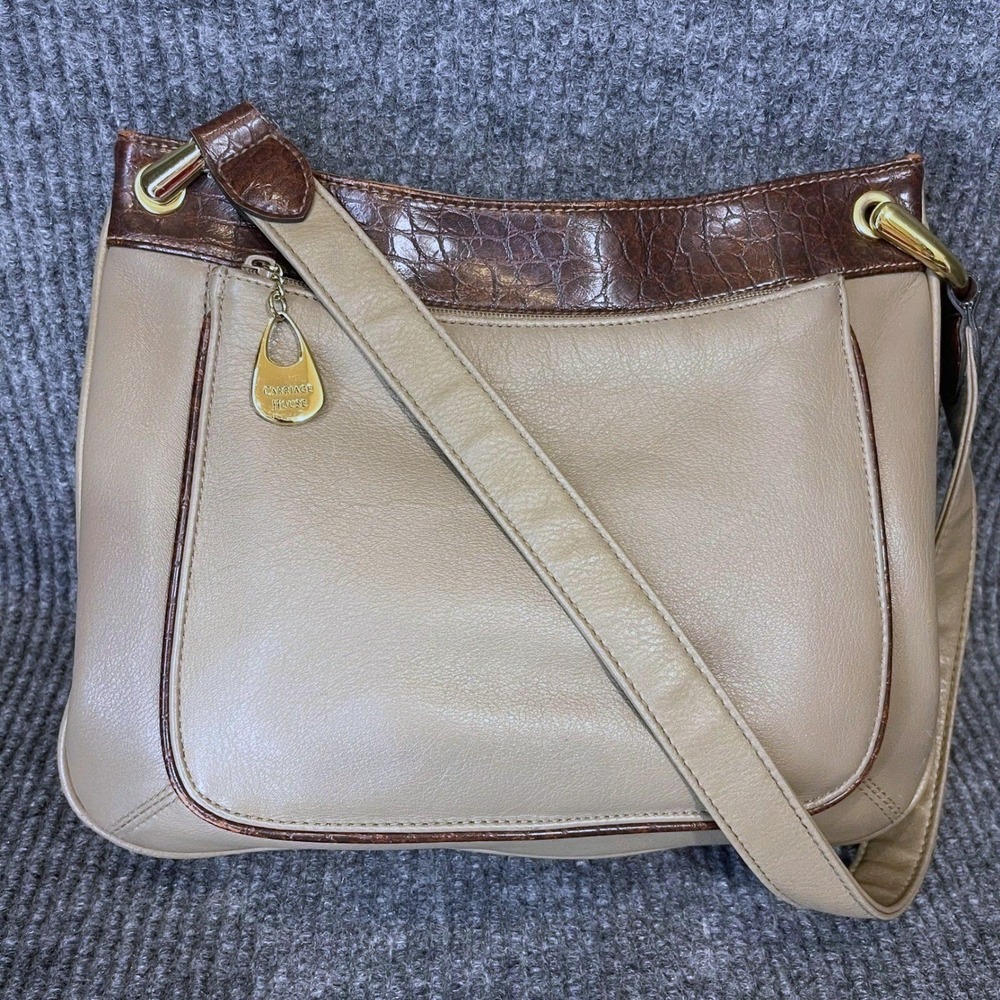 Carriage House Crossbody Bag‎ Taupe Brown Leather Croc Trim Equestrian Hardware